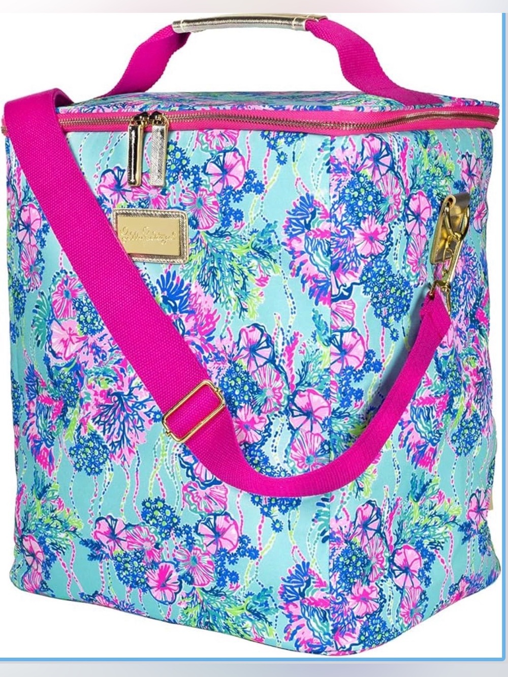 Lilly Pulitzer Aqua Floral insulated cooler with Hot Pink Strap